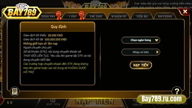 Tổng hợp các phương thức nạp tiền tại cổng game Bay789